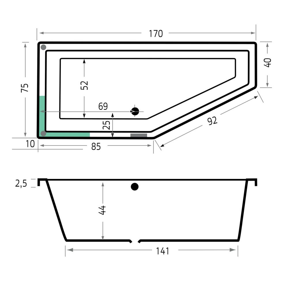 Xenz Society Compact hoekbad 170×75 cm rechts wit