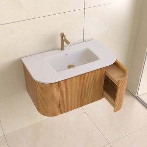 Sanisense Villena rond wastafelmeubel 80 cm eiken gefineerd met solid surface wastafel