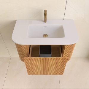 Sanisense Villena rond wastafelmeubel 80 cm eiken gefineerd met solid surface wastafel
