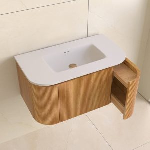 Sanisense Villena rond wastafelmeubel 80 cm eiken gefineerd met solid surface wastafel