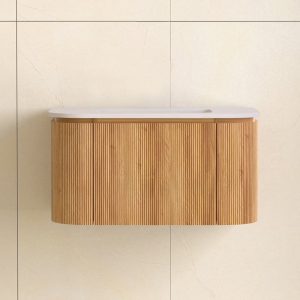 Sanisense Villena rond wastafelmeubel 80 cm eiken gefineerd met solid surface wastafel