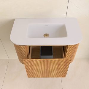 Sanisense Villena rond wastafelmeubel 80 cm eiken gefineerd met solid surface wastafel