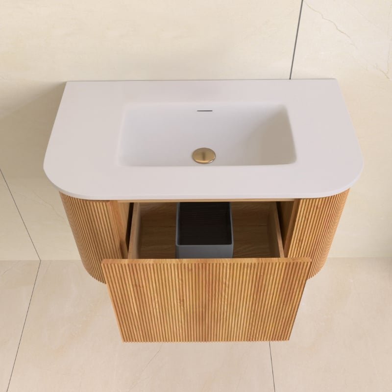 Sanisense Villena rond wastafelmeubel 80 cm eiken gefineerd met solid surface wastafel
