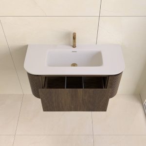 Sanisense Villena wastafelmeubel 100 cm donker eiken gefineerd met solid surface wastafel