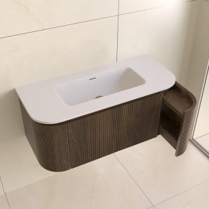 Sanisense Villena wastafelmeubel 100 cm donker eiken gefineerd met solid surface wastafel
