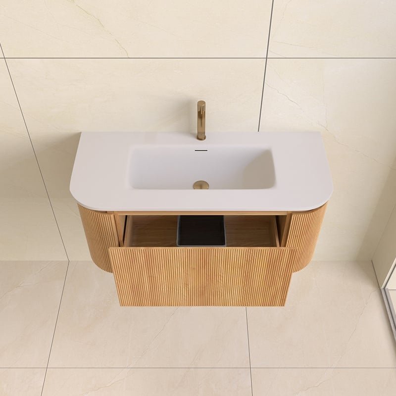 Sanisense Villena wastafelmeubel 100 cm eiken gefineerd met solid surface wastafel