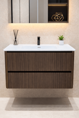 Delivo Leonor wastafelmeubel 90 cm walnoot ribbelfront - Delivo Leonor wastafelmeubel walnoot ribbelfront H