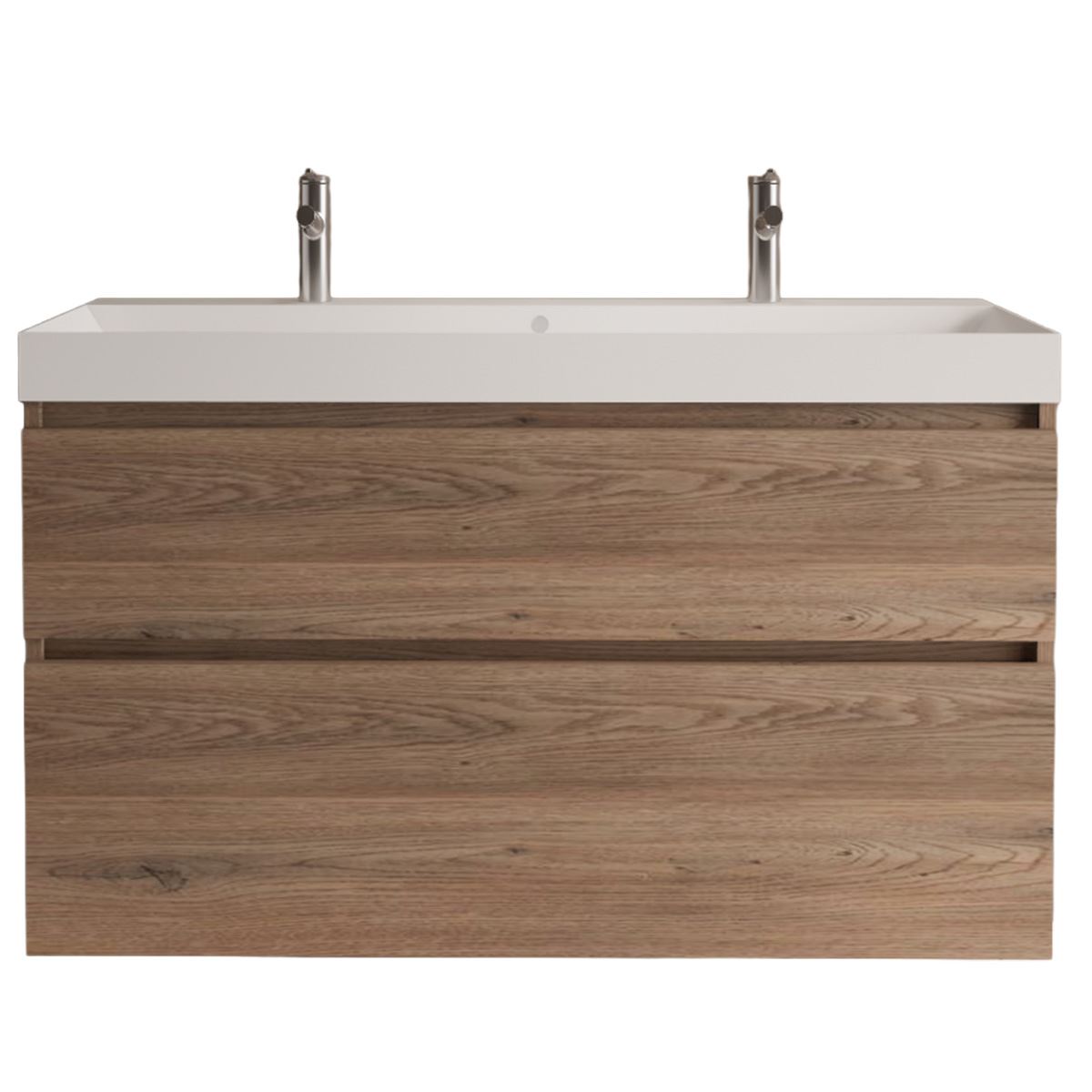 Gliss Design Puro wastafelmeubel 120 cm greeploos Truffel Eiken wastafel glans wit