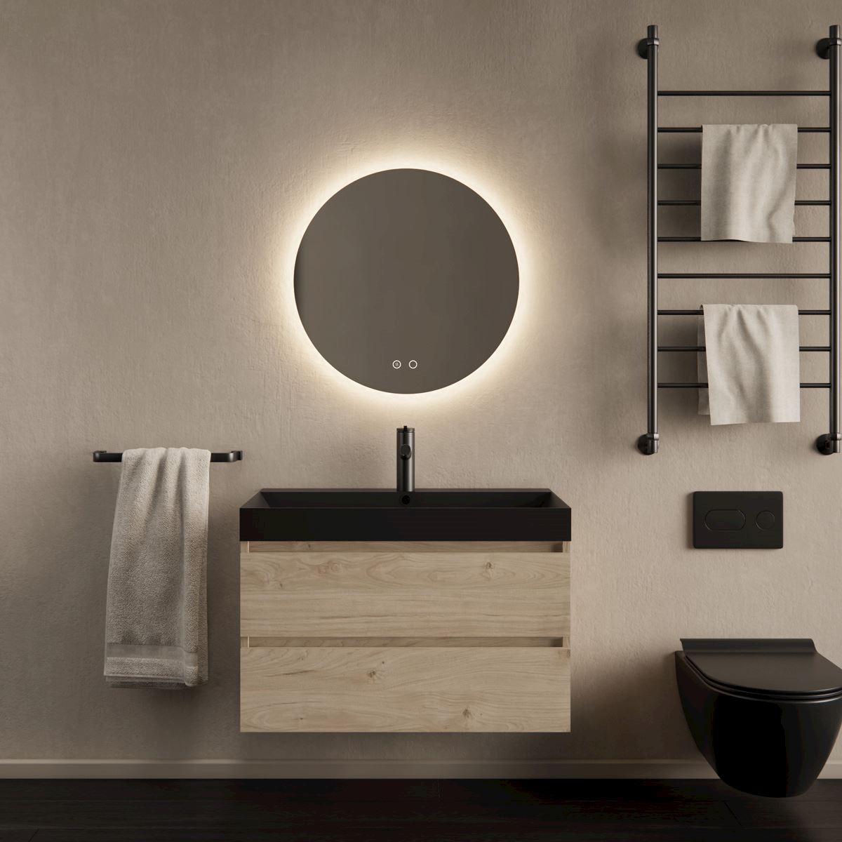 Gliss Design Milan wastafelmeubel 80 cm greeploos Kastanje wastafel mat zwart