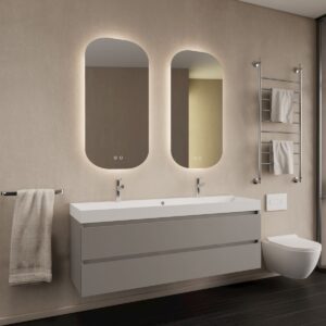 Gliss Design Milan wastafelmeubel 140 cm greeploos Leigrijs wastafel mat wit