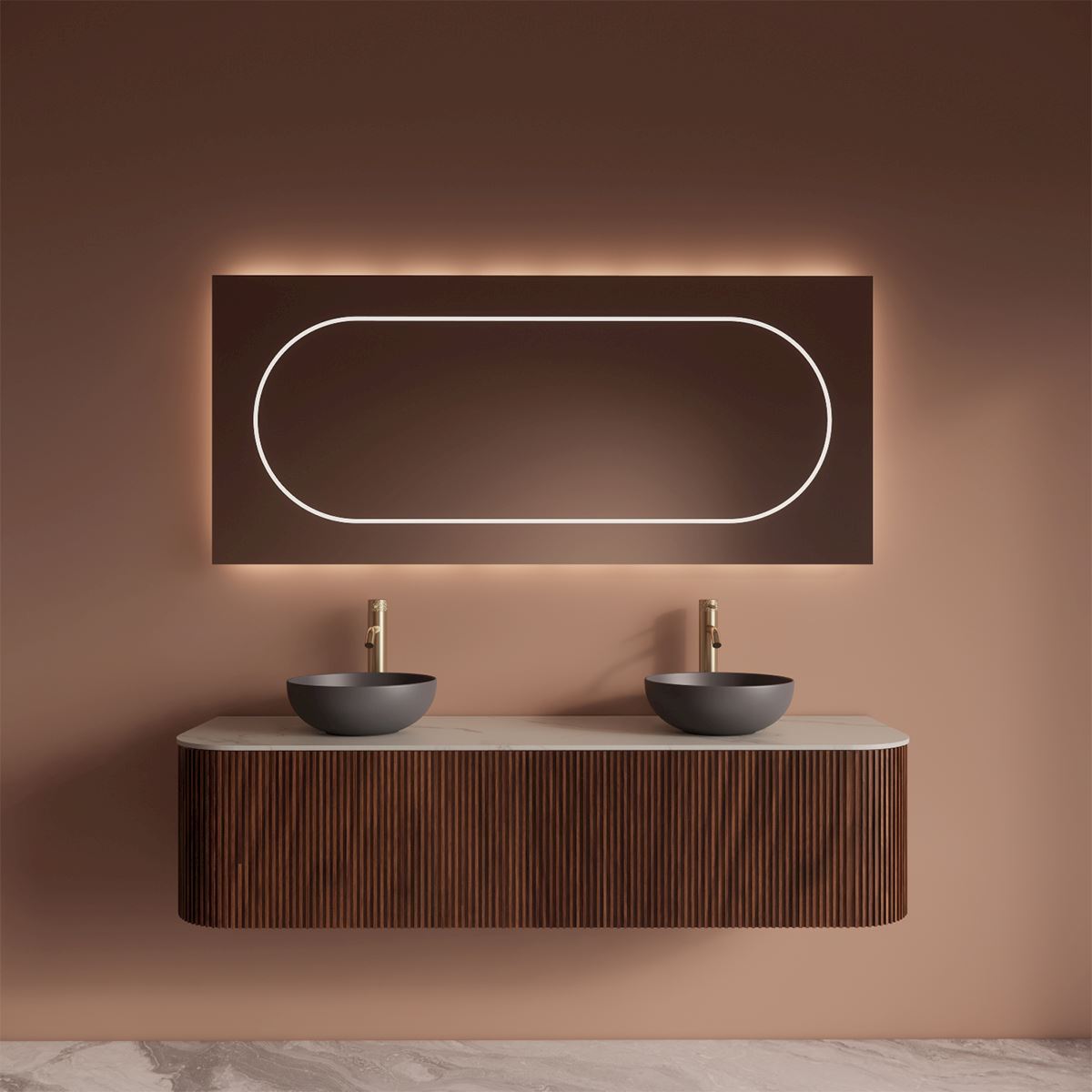 Gliss Design Alluro badmeubel met waskom 160 cm Walnut blad wit marmer